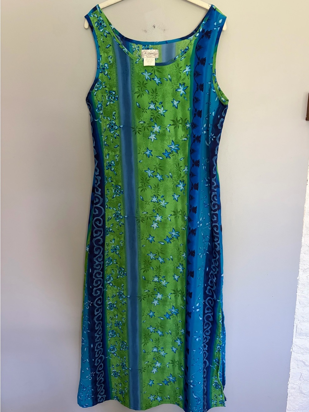 Valdi Maxi Dress Women’s Size XL Blue Green Sleeveless Rayon Tropical USA Made